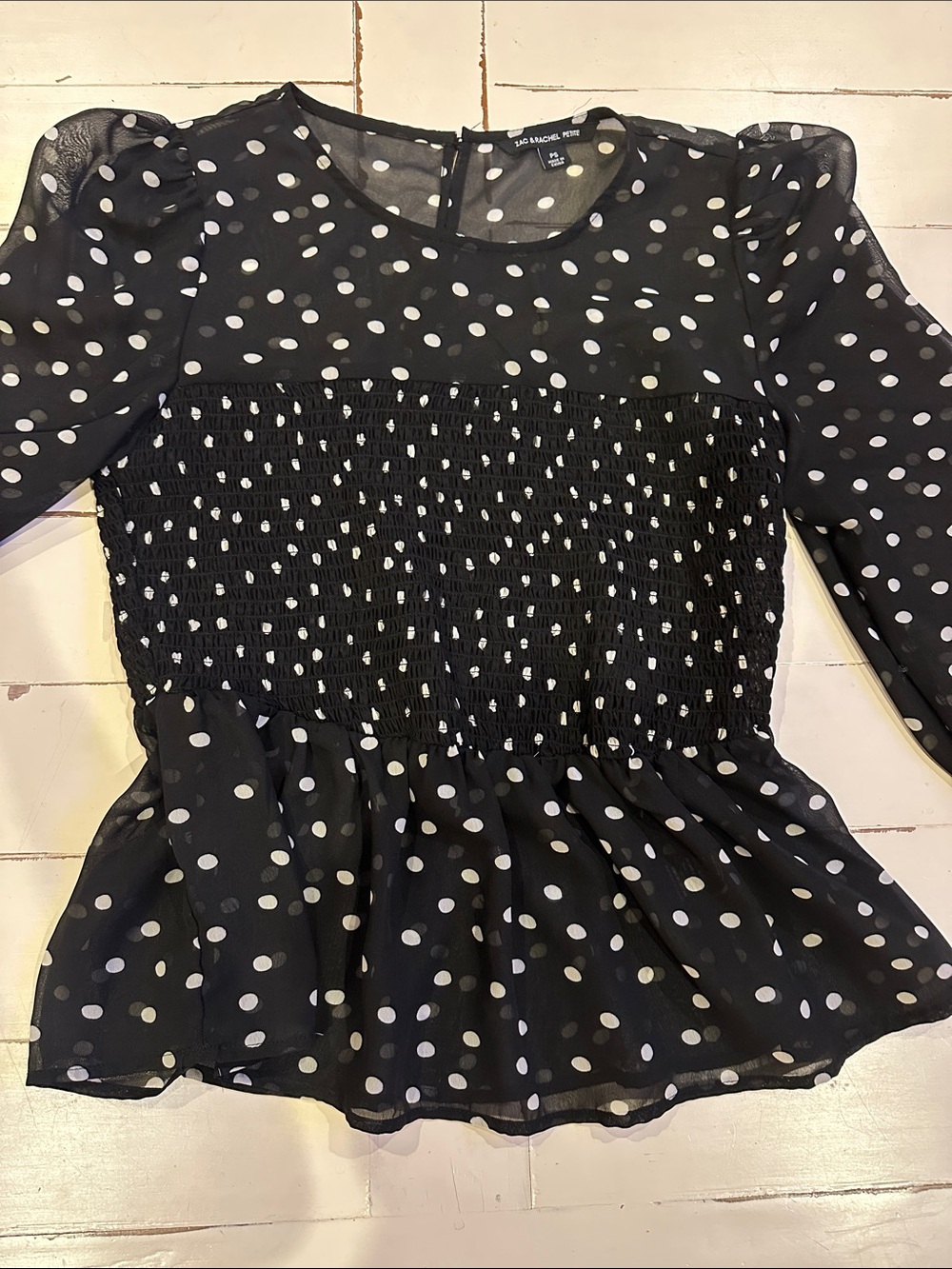 Zara Black and White Polka Dot Smocked Waist Blouse